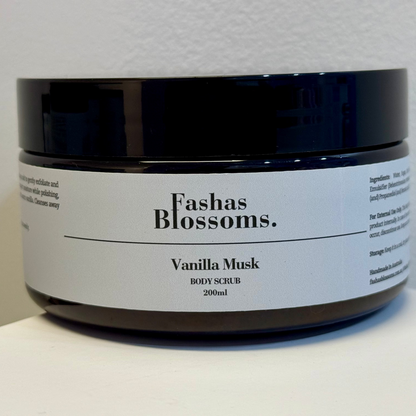 Jar of Fashas Blossoms Vanilla Musk body scrub on a white surface with a light gray background