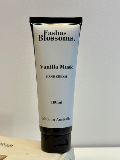 Fashas Blossoms Vanilla Musk hand cream tube on a light gray background