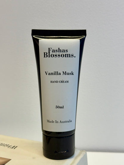 Tube of Fashas Blossoms Vanilla Musk hand cream on a light gray background